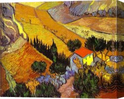 House with Scaffolding Canvas Paintings - Landscape with House and Laborer by Vincent van Gogh