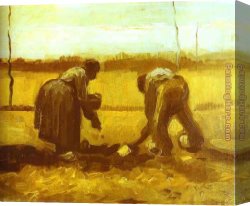 Peasant Canvas Paintings - Peasant Man and Woman Planting Potatoes by Vincent van Gogh