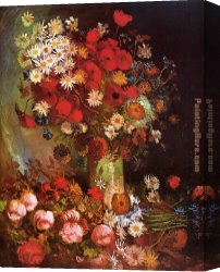 Chrysanthemums Canvas Paintings - Vase with Poppies Cornflowers Peonies and Chrysanthemums by Vincent van Gogh