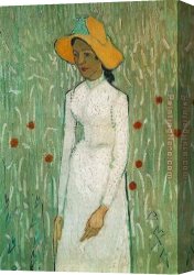 Standing Canvas Paintings - Young Girl Standing Against a Background of Wheat by Vincent van Gogh