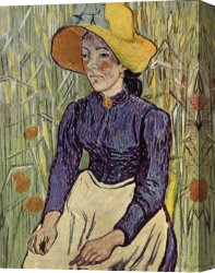 Peasant Canvas Paintings - Young Peasant Woman with Straw Hat Sitting in the Wheat by Vincent van Gogh