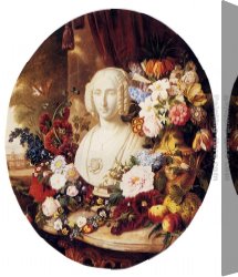 Still Life with Flowers And Fruit Canvas Paintings - A Still Life With Assorted Flowers, Fruit And A Marble Bust Of A Woman by Virginie de Sartorius