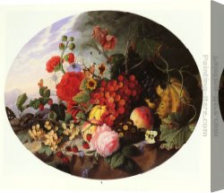 Still Life with Flowers And Fruit Canvas Paintings - Still Life With Fruit and Flowers on a Rocky Ledge by Virginie de Sartorius