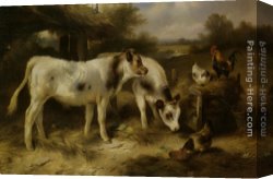 Feeding The Pigeons Canvas Paintings - Calves and Hens Feeding by Walter Hunt