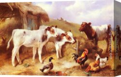 The Moose Hunt Canvas Paintings - Calves, Chicken and a Duck by Walter Hunt