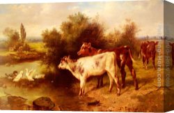 Calves Watering Canvas Paintings - Calves Watering by Walter Hunt