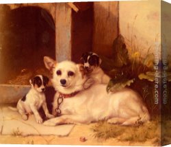 Resting Canvas Paintings - Mother And Puppies Resting by Walter Hunt