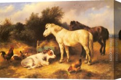 Poultry in The Undergrowth Canvas Paintings - Ponies, A Calf and Poultry In a Farmyard by Walter Hunt