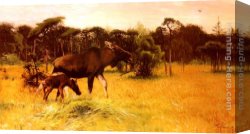Wilhelm Canvas Paintings - Moose with her Calf in a Landscape by Wilhelm Kuhnert