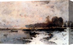 Wilhelm Canvas Paintings - A Winter River Landscape At Sunset by Wilhelm von Gegerfelt