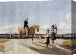 Gentleman Canvas Paintings - Gentleman on Horseback and Country Girl on the Banks of the Isar near Munich by Wilhelm von Kobell