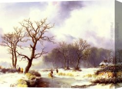 A Winter Landscape with Skaters Near a Village Canvas Paintings - A Winter Landscape by Willem Bodemann