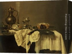 Palette Knife Canvas Paintings - A blackberry pie, an upturned cup, salt cellar, wine ewer, roemer knife, tablecloth draped peweter plates by Willem Claesz Heda