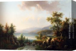 Landscape with a Lake Canvas Paintings - A Wooded Hilly Landscape With Travellers On  A Track Near A Lake by Willem De Klerk