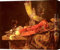 Willem Canvas Paintings - Still Life with the Drinking-Horn of the Saint Sebastian Archers' Guild, Lobster and Glasses by Willem Kalf