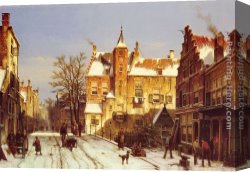 A Dutch Town Scene in Winter Canvas Paintings - A Dutch Village In Winter by Willem Koekkoek