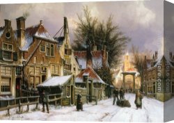 A Sunlit Townview with Figures Gathered on a Square Along a Canal Canvas Paintings - A Townview with Figures on a Snow Covered Street by Willem Koekkoek