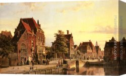 View of a Riverside Dutch Town Canvas Paintings - Figures by a Canal in a Dutch Town by Willem Koekkoek