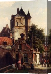 Village Street And Stairs with Figures Canvas Paintings - Figures In The Streets Of Harderwijk by Willem Koekkoek