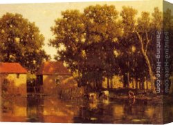 An Autumn Landscape with Cows Near a Stream Canvas Paintings - A Sunlit River Landscape With Cows Watering by Willem Roelofs