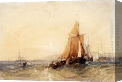 Fishing Boats at Dusk Canvas Paintings - Fishing Boats Off The Coast At Sunset by William Callow