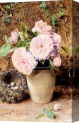 Still Life with a Birds Nest And Fruit Canvas Paintings - Still Life With Roses In A Vase And A Birds Nest by William Henry Hunt