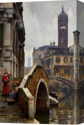 Ponte Canvas Paintings - The Ponte dei Pugni, Venice, with the Campanile of Sta. Fosca beyond by William Logsdail