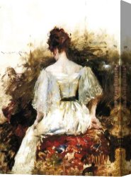 Portrait of a Woman Canvas Paintings - Portrait of a Woman in a White Dress by William Merritt Chase