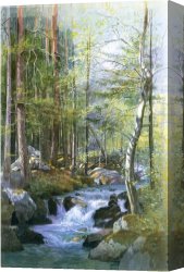 Wooded Landscape with Water Mill Canvas Paintings - Torrent in Wood behind Mill Dam, Vahrn near Brixen, Tyrol by William Stanley Haseltine