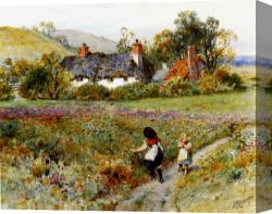 Gingerbread Cottage Canvas Paintings - Children Playing On A Path, Cottages Beyond by William Stephen Coleman