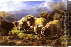 Highland Cattle Grazing by a Mountain Stream Canvas Paintings - Morning sheep grazing in a Highland Landscape by William Watson