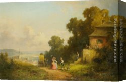 Village Street And Stairs with Figures Canvas Paintings - Figures and a Carriage on a Path with a Village Beyond by Willy Moralt