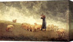 Cattle And Sheep Resting Canvas Paintings - Shepherdess Tending Sheep by Winslow Homer