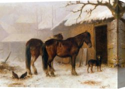 Horse Canvas Paintings - Horses in a Snow Covered Farm Yard by Wouterus Verschuur Jr