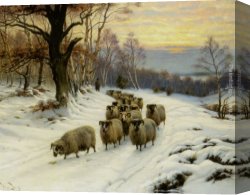 A Spanish Shepherd Canvas Paintings - A Shepherd and his Flock on a Path in Winter by Wright Barker