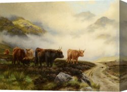 Highland Cattle Grazing by a Mountain Stream Canvas Paintings - Highland Cattle in a Pass by Wright Barker