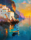 2011 Seascape on a Cliff with Boat And Sunset
