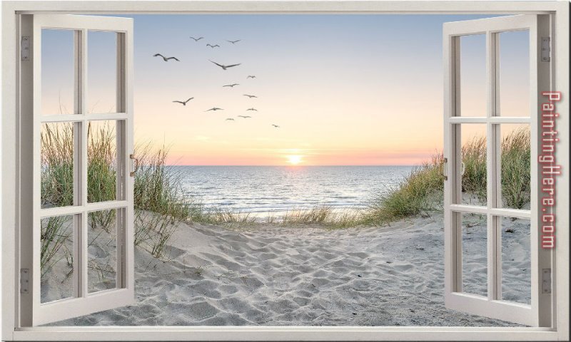 On The Sand Valencia Beach Paintings - Sand Dune Beach Birds Seascape Window View by 2017 new