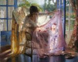 Fixing Paintings - Lady Fixing Her Scarfs by Vicente Romero Redondo